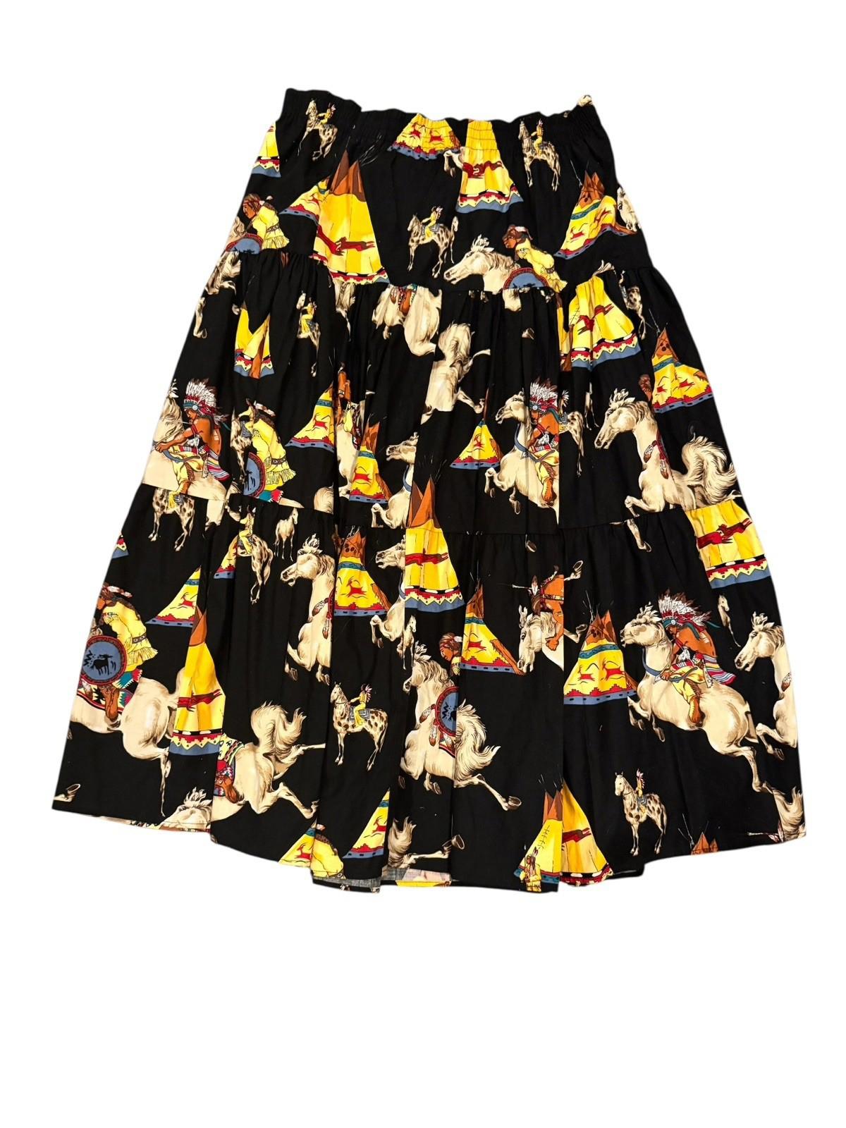 Vintage Western Rodeo Cowgirl Cotton Skirt Native American Horses Made in USA