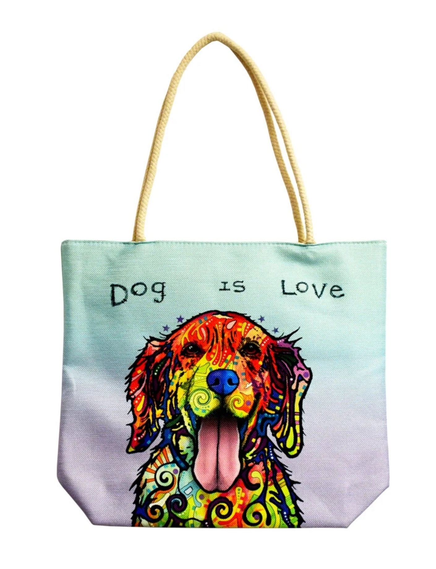 Tote bag with colorful psychedelic dog art and 'Dog is Love' text, beige rope handles