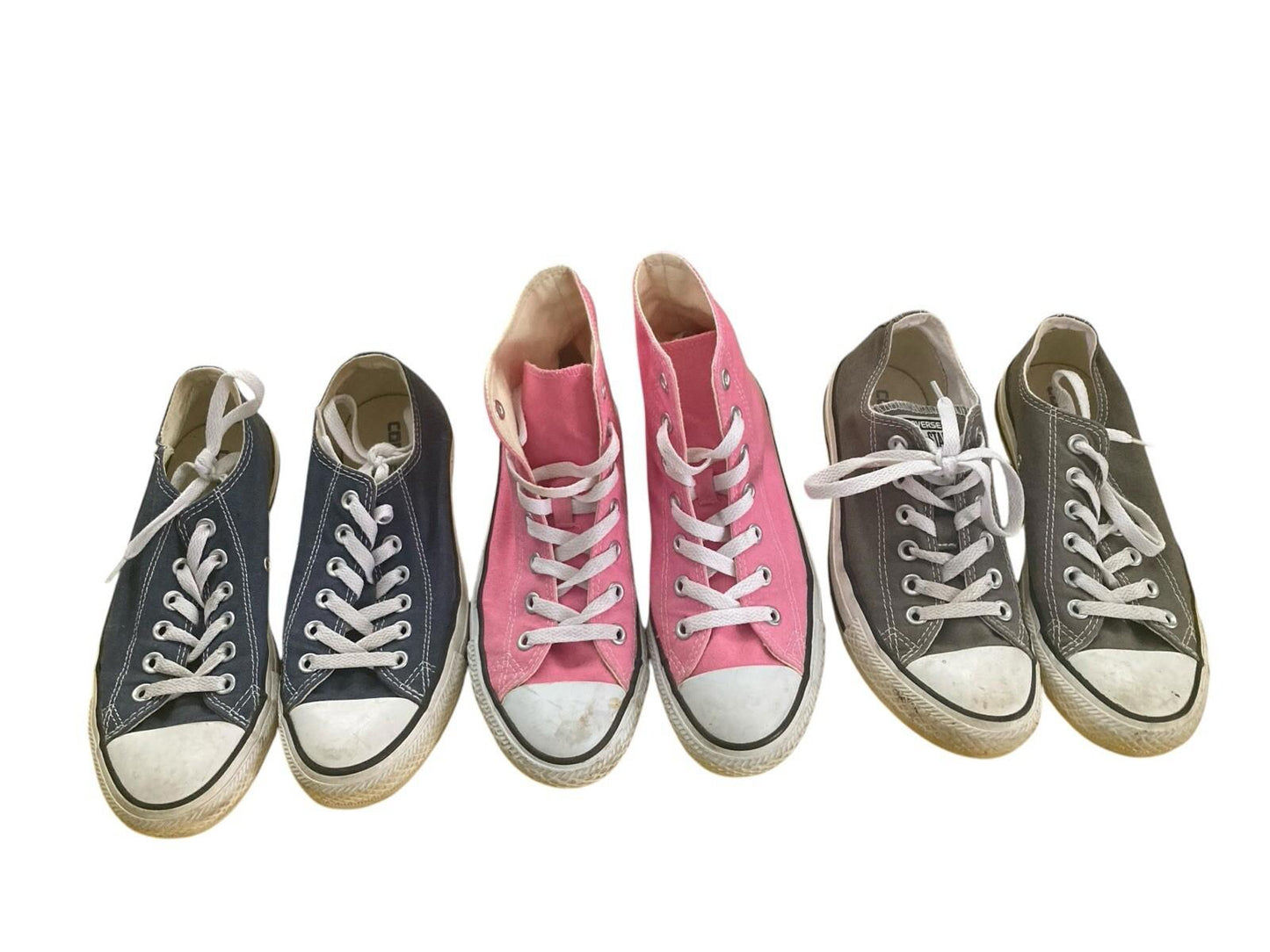 THREE Pairs of Converse Sneakers Chuck Taylor Kicks Womens Size 7 Pink Blue Grey