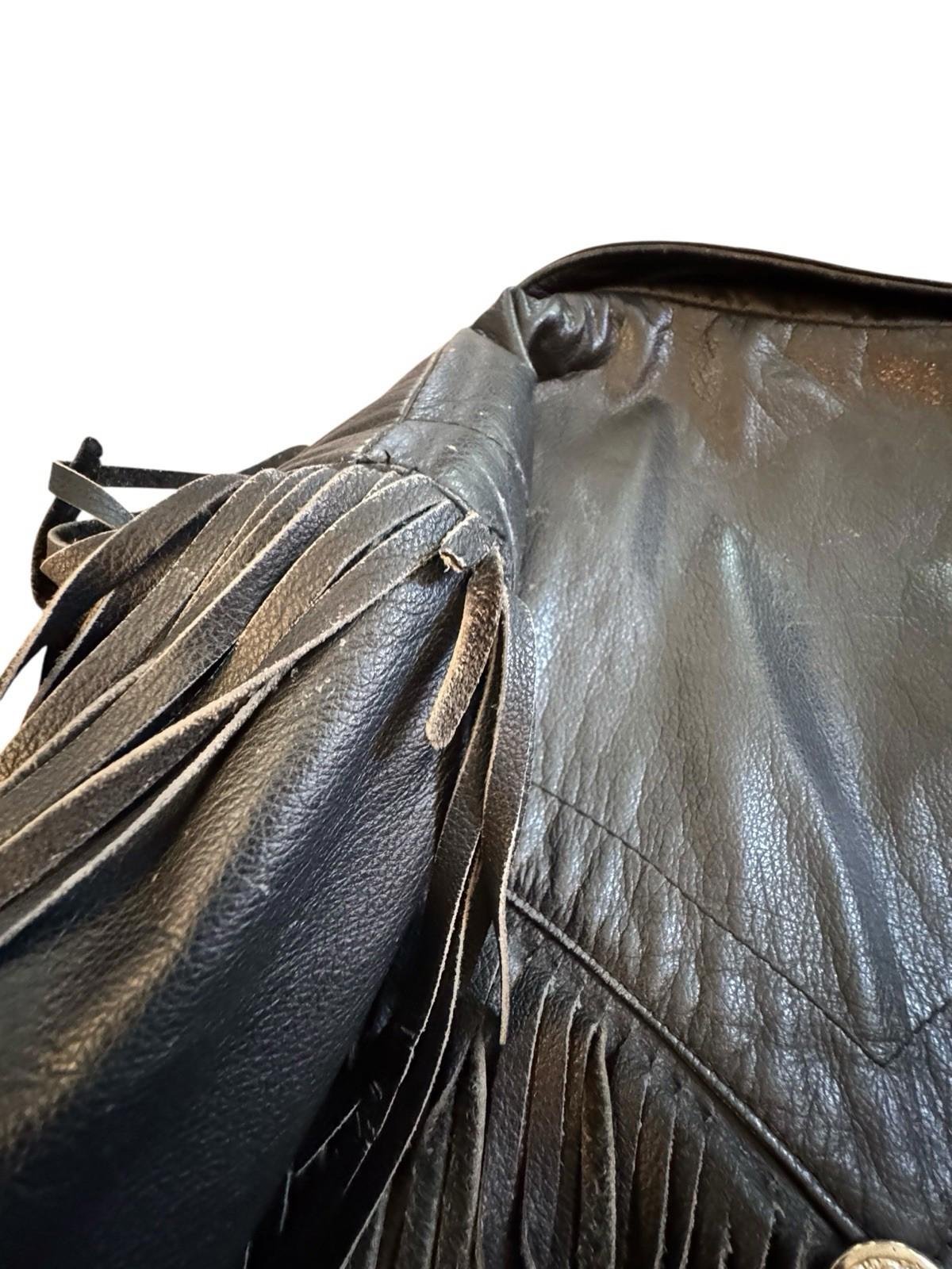 Womens Vintage Harley Davidson Black Leather Fringe Motorcycle Biker Jacket 14