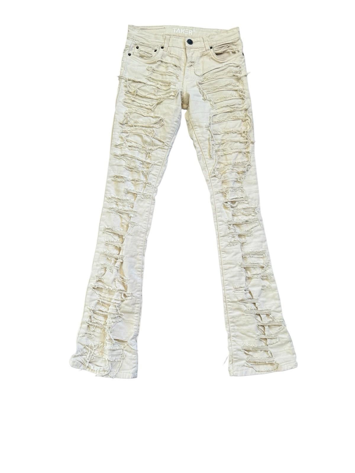 Taker Jeans Destroyed Frayed Front and Back Cream Color Size 30x38