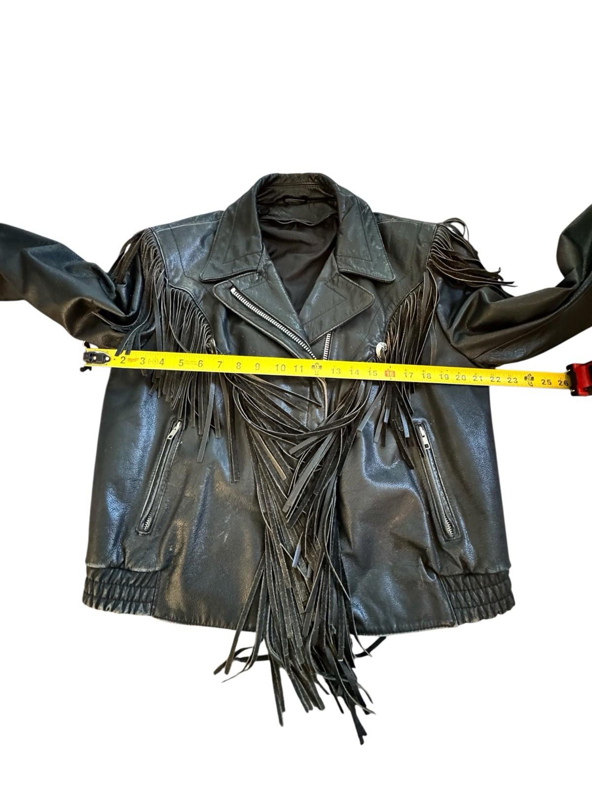Womens Vintage Harley Davidson Black Leather Fringe Motorcycle Biker Jacket 14
