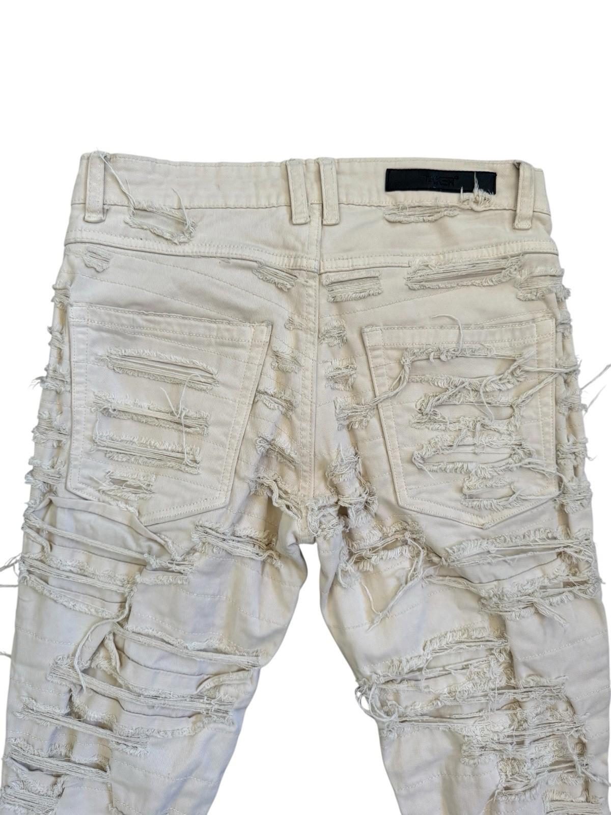 Taker Jeans Destroyed Frayed Front and Back Cream Color Size 30x38