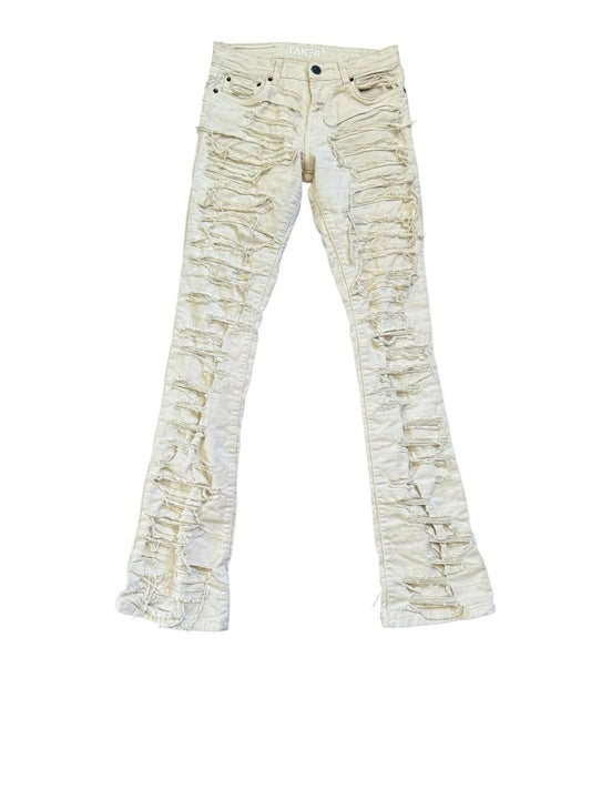 Taker Jeans Destroyed Frayed Front and Back Cream Color Size 30x38