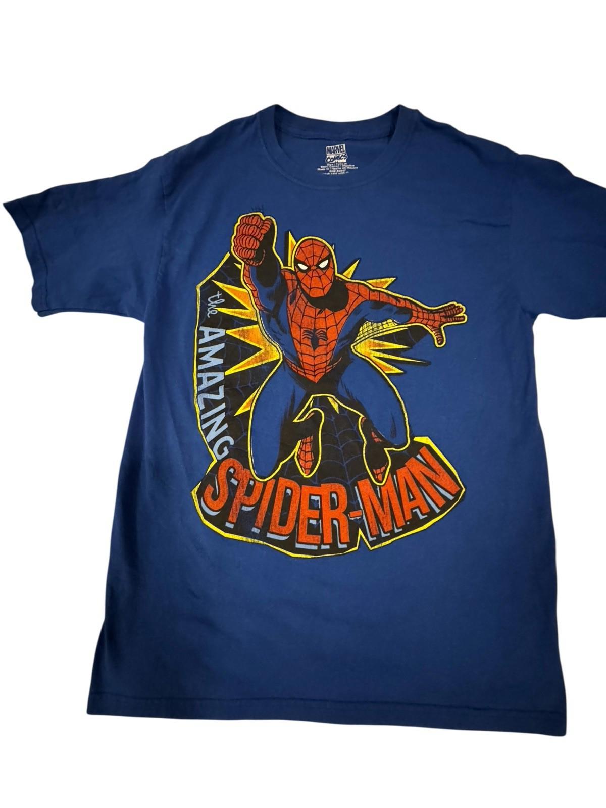 Blue t-shirt with classic Spider-Man graphic and text The Amazing Spider-Man in red and yellow
