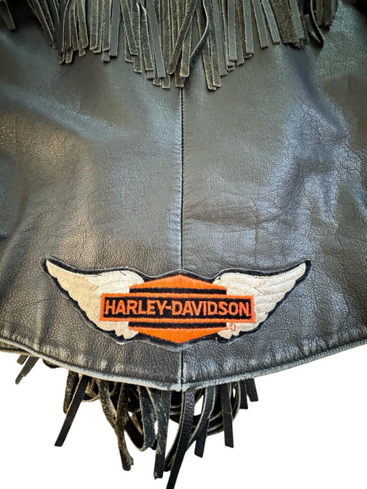 Womens Vintage Harley Davidson Black Leather Fringe Motorcycle Biker Jacket 14