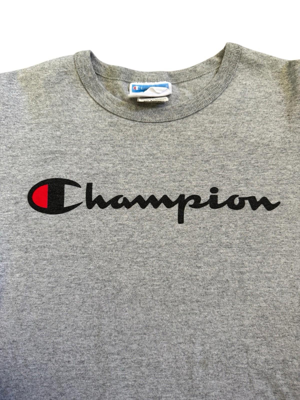 Vintage 1980s CHAMPION Grey Long Sleeve T-Shirt Size Small Black Letters