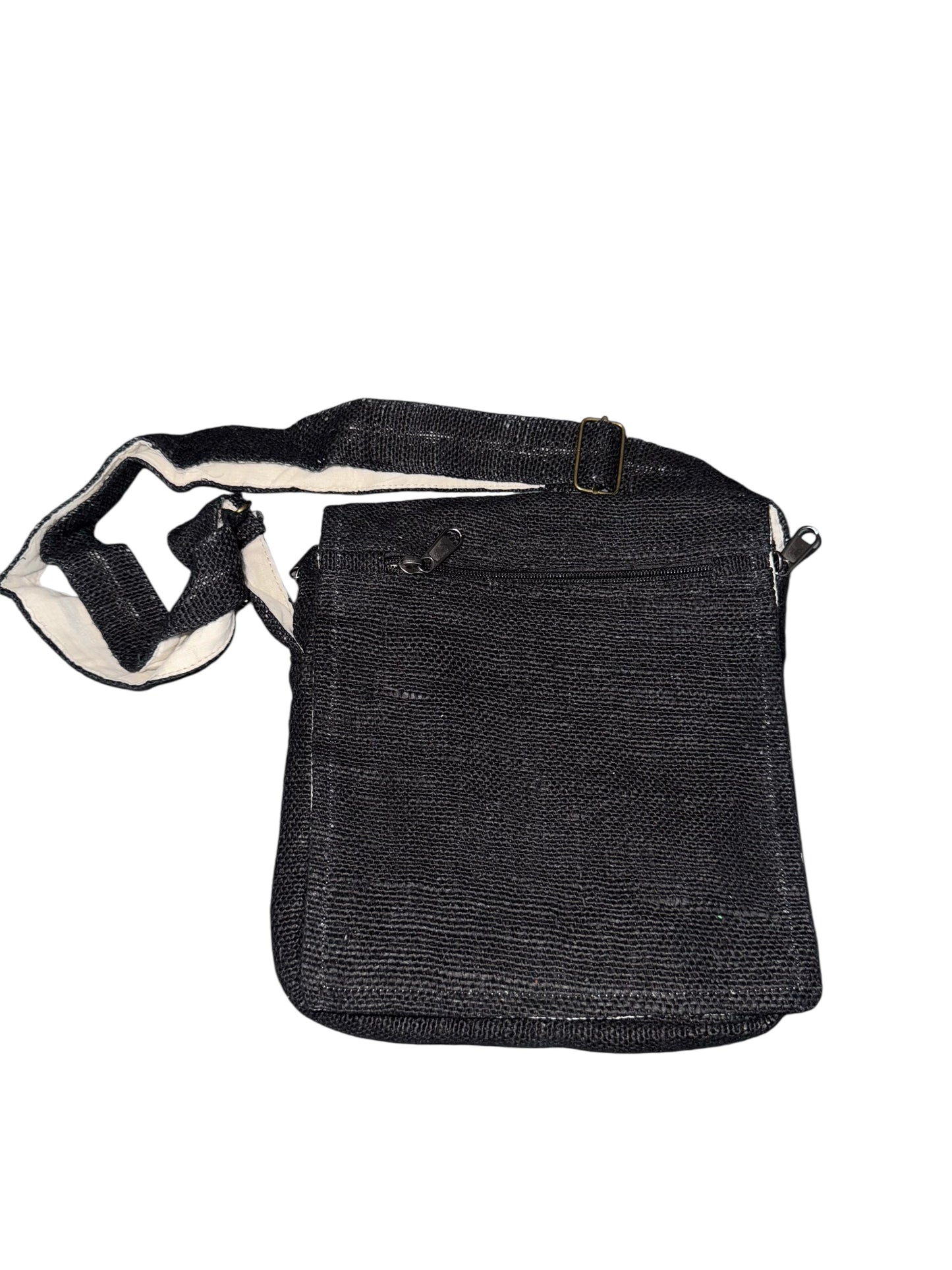 Black woven crossbody bag with adjustable strap and zipper pockets
