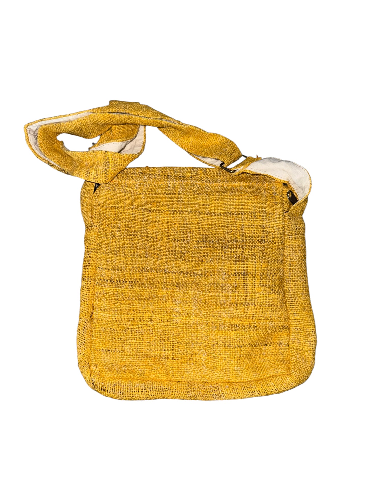 Yellow woven crossbody bag with adjustable strap isolated on white background