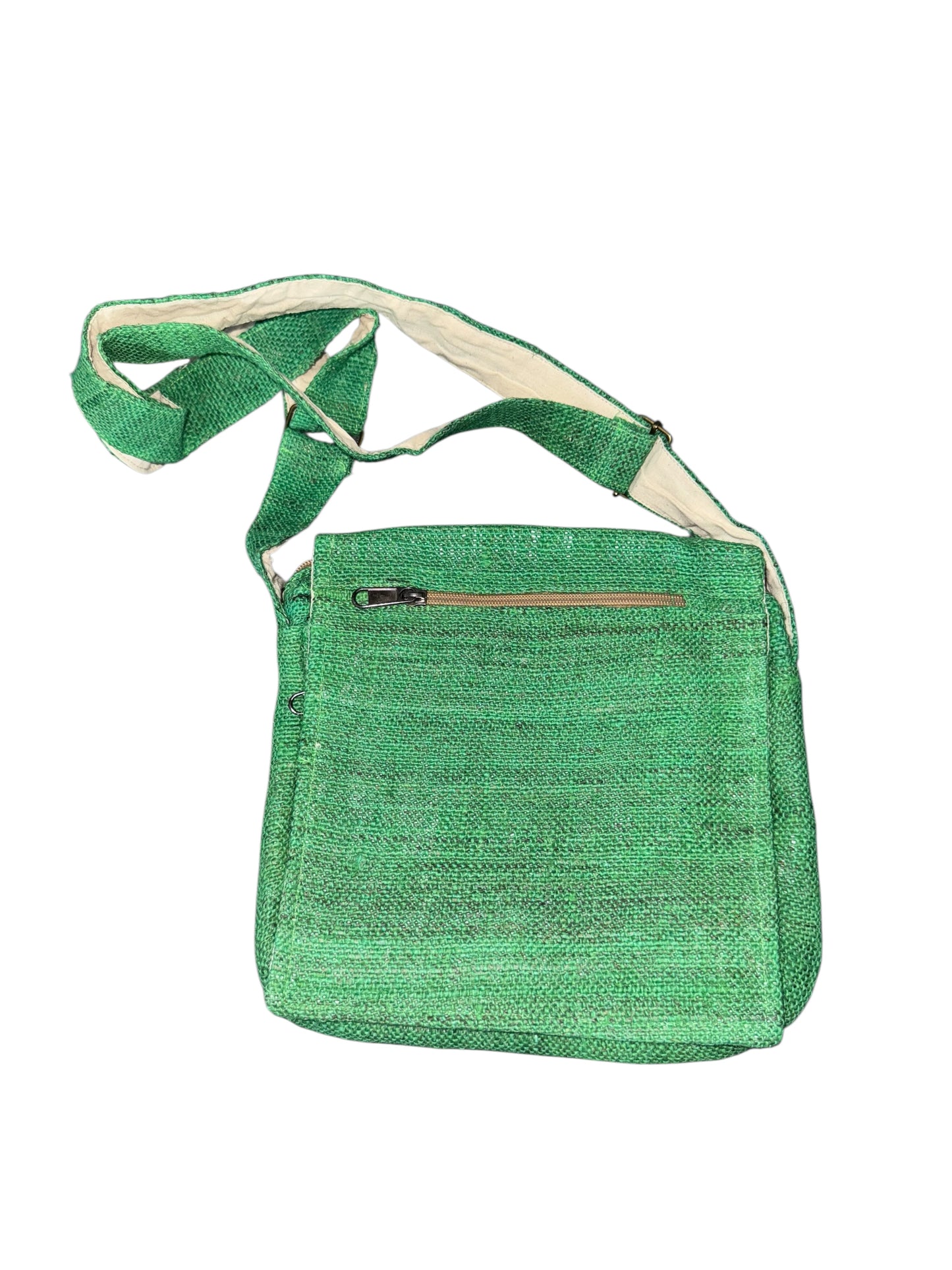 Green woven crossbody bag with adjustable strap and external zipper pocket