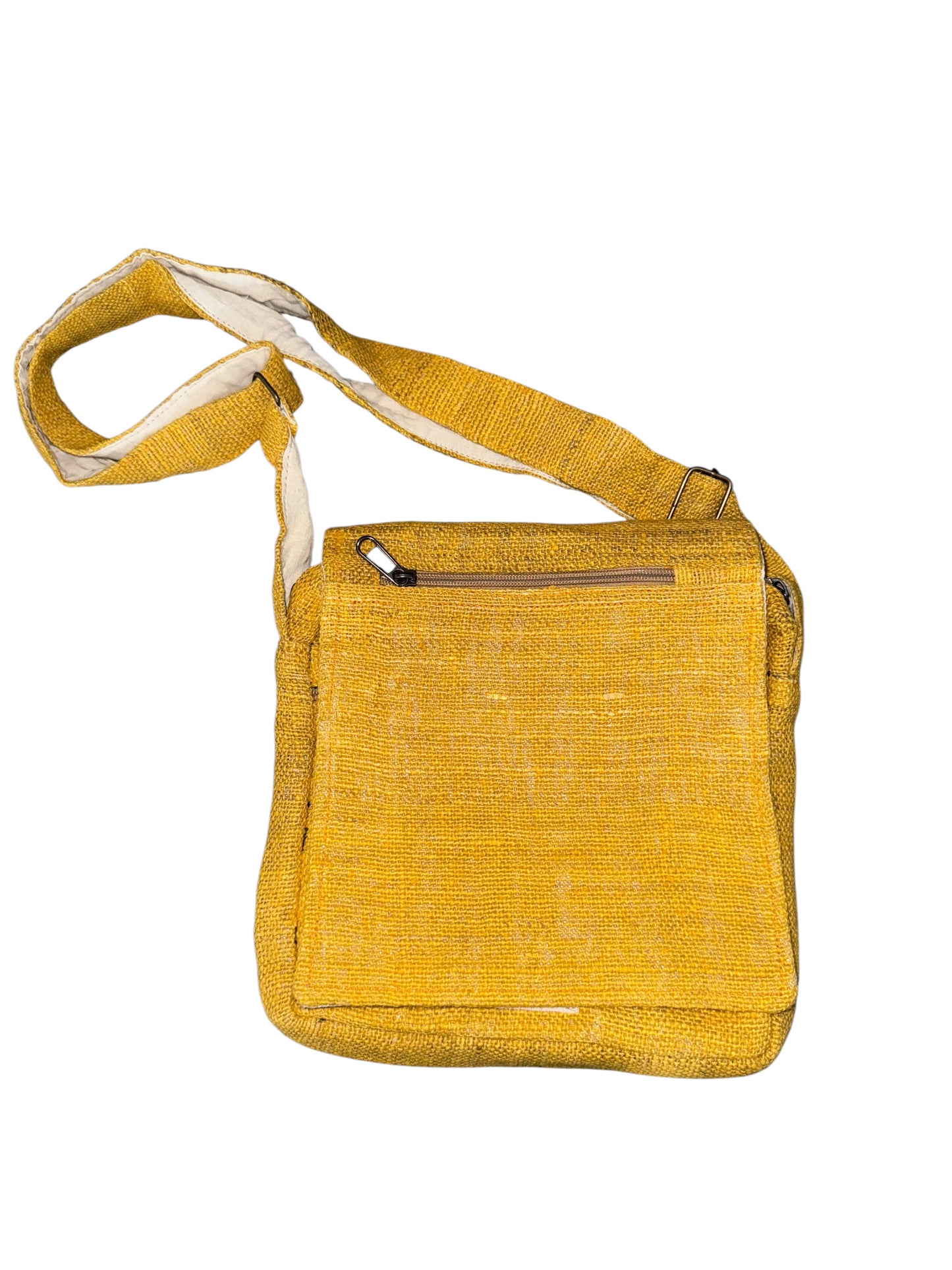 Yellow woven fabric crossbody bag with front zipper pocket and adjustable strap