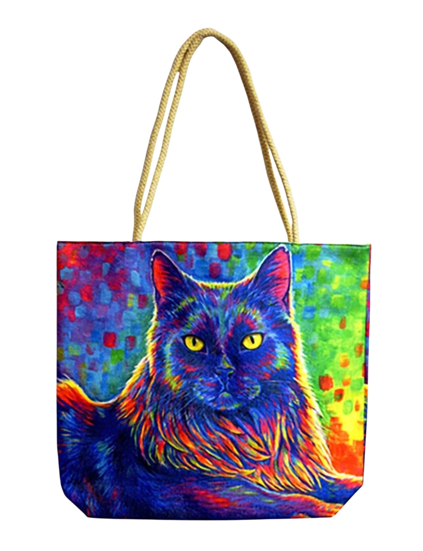 Colorful tote bag featuring vibrant artistic cat portrait with yellow eyes and multicolor fur