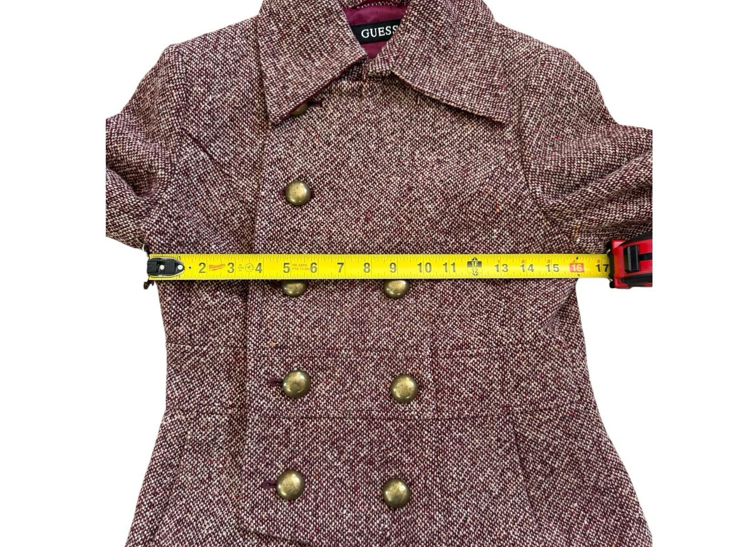 Vintage GUESS Tweed Wool Coat With Brass Buttons Velvet Lining Medium