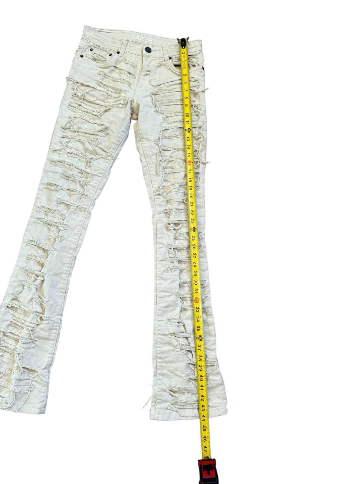 Taker Jeans Destroyed Frayed Front and Back Cream Color Size 30x38