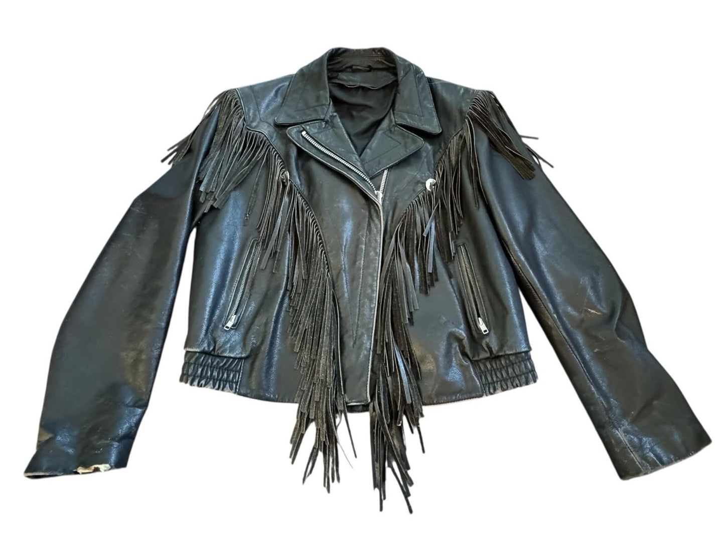 Womens Vintage Harley Davidson Black Leather Fringe Motorcycle Biker Jacket 14