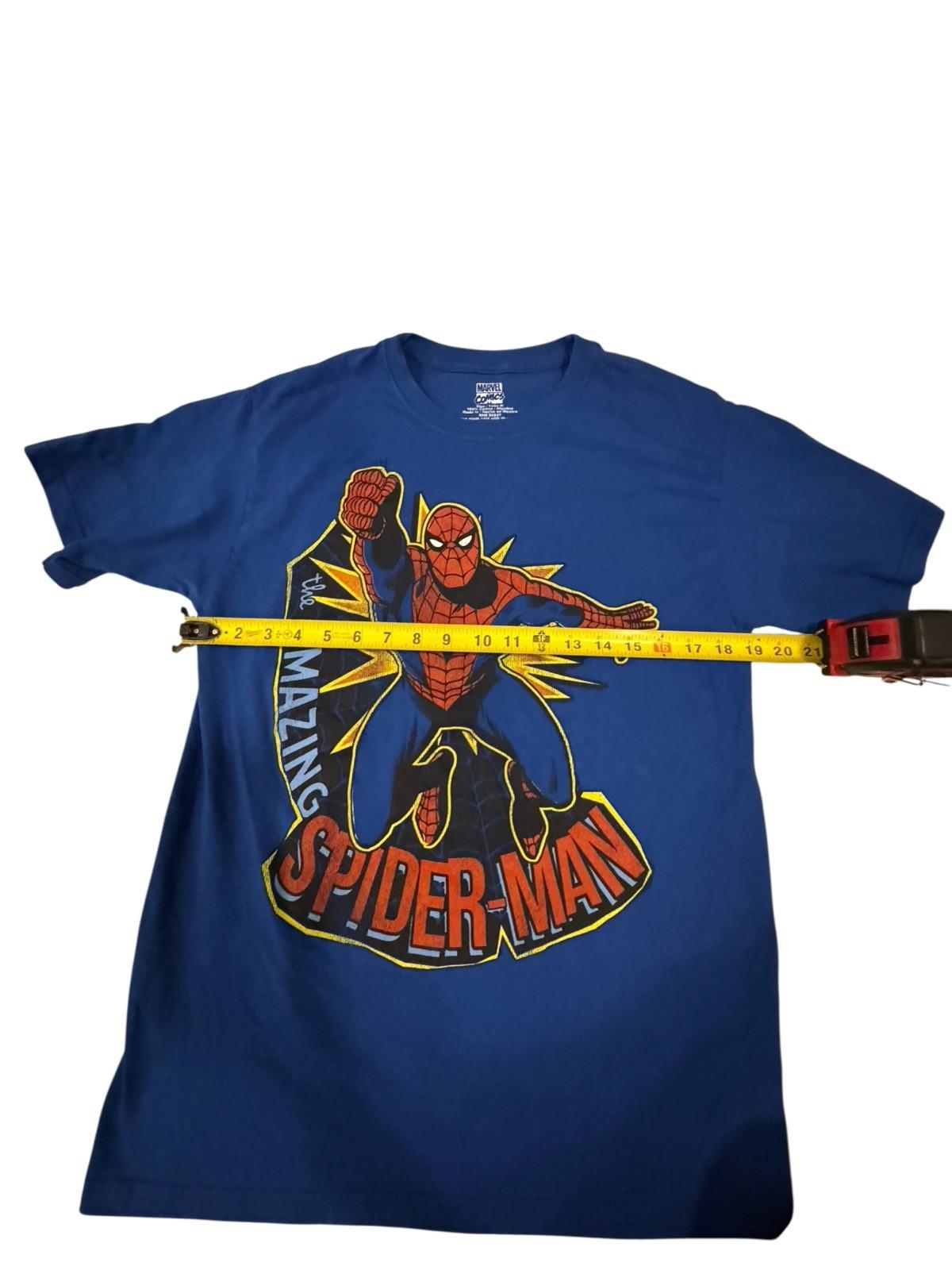 Blue Amazing Spider-Man T-shirt with Spider-Man graphic and tape measure across chest