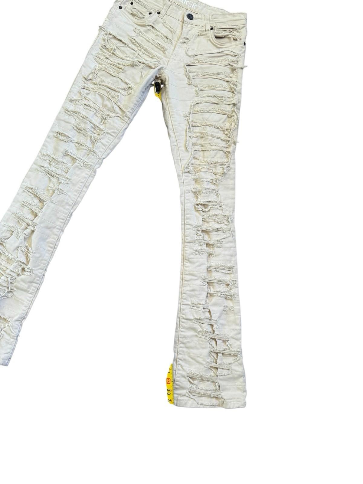 Taker Jeans Destroyed Frayed Front and Back Cream Color Size 30x38